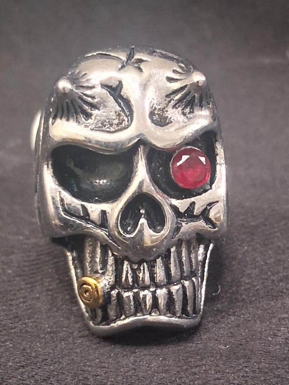 Bold Skull Ring /cigar In Mouth with Red Stone Accent